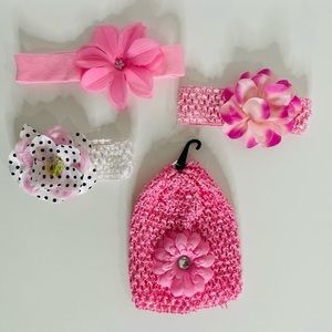 3 new flower headbands and beanie /stretchy material for newborn up go 12mo.